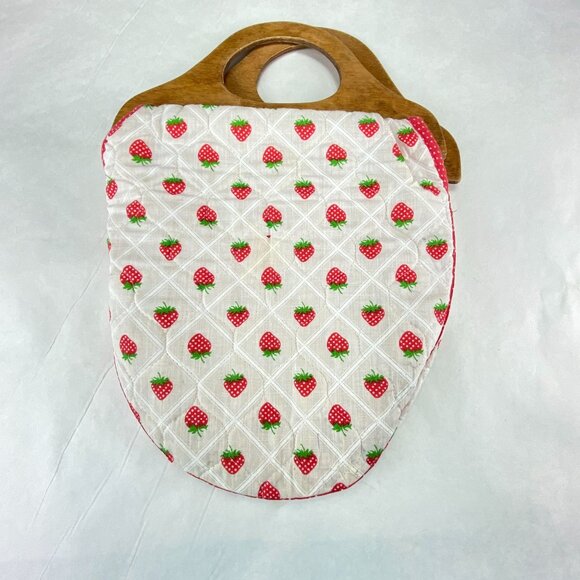 Vintage Wood Handle Placemat Handbag Red White Strawberries - Picture 6 of 10